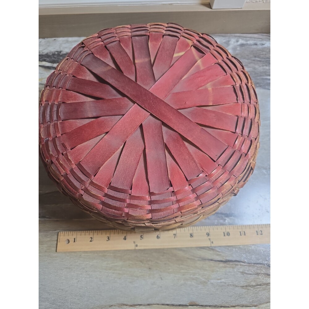 Handwoven Split Wood Lidded Basket Primitive Farmhouse Storage Red Accent 10.5" - Picture 7 of 9